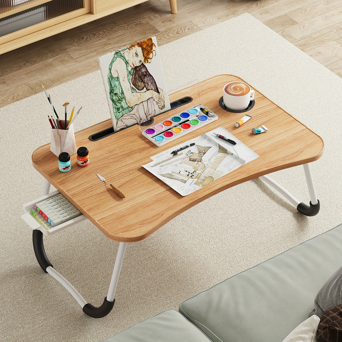 Plateau de lit pour ordinateur portable et repas – Grand plateau de petit-déjeuner avec porte-gobelet et tiroir pour canapé, sol, étude, lecture et écriture, table d'appoint portable