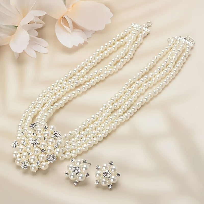 Parure de luxe collier et boucles d'oreilles pour femme – Bijoux plaqués argent perlés pour mariage, soirée et spectacle, accessoires de robe élégants