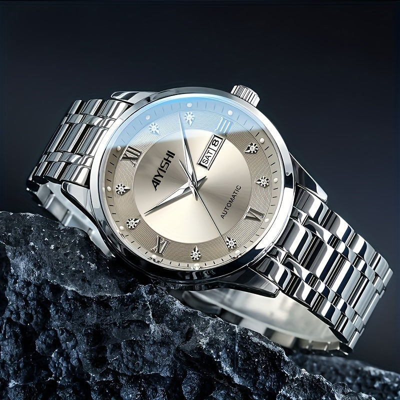 Montre à quartz de luxe pour homme, cadran tourbillon en acier inoxydable, affichage de la date, luminescence nocturne, montre sport et habillée, garde-temps élégant, cadeau de fête des pères pour homme