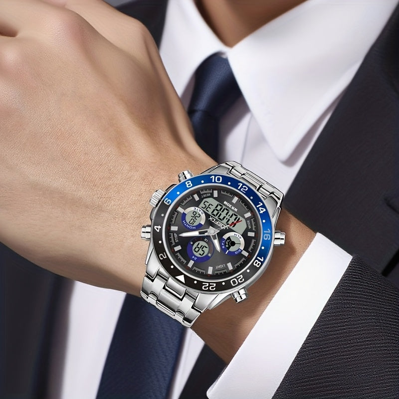 Montre chronographe d'affaires vintage pour homme avec bracelet en acier – Montre-bracelet étanche à double mouvement avec outil de réglage de bracelet, cadeau d'anniversaire ou de fête des pères pour homme