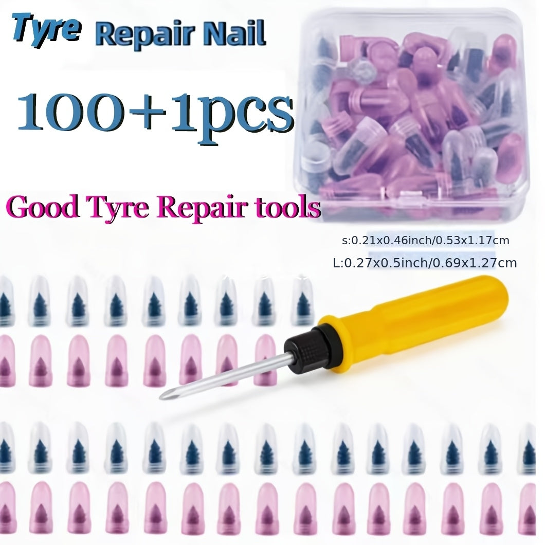 Kit de réparation de pneus 101 pièces, outils de crevaison avec clous en caoutchouc et tournevis – Solution d'urgence pour pneus tubeless de voiture, moto, camion, SUV, VTT