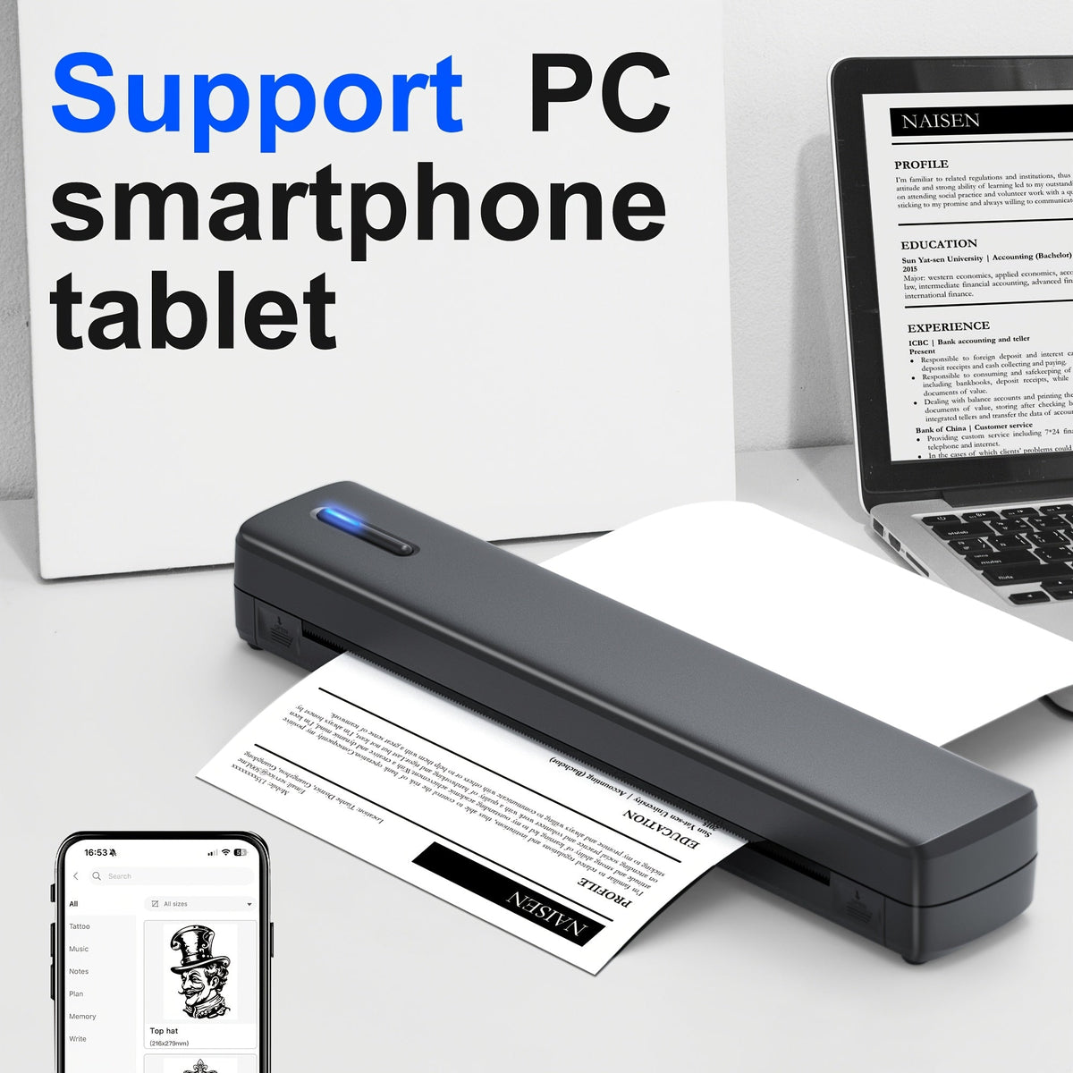Imprimante thermique portable sans encre sans fil – D810B A4 & US Letter 8,5x11, 200 feuilles par charge, compatible iPhone, Android & ordinateur portable, pour bureau à domicile, école & voyage, inclut 20 feuilles