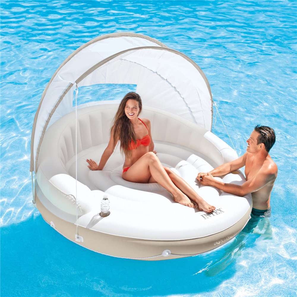 Matelas gonflable de piscine avec auvent pare-soleil 199 x 150 cm, île flottante INTEX avec porte-gobelets intégrés et pare-soleil amovible - Matelas de piscine pour adulte d'une capacité de 200 kg pour lac, rivière et piscine de jardin