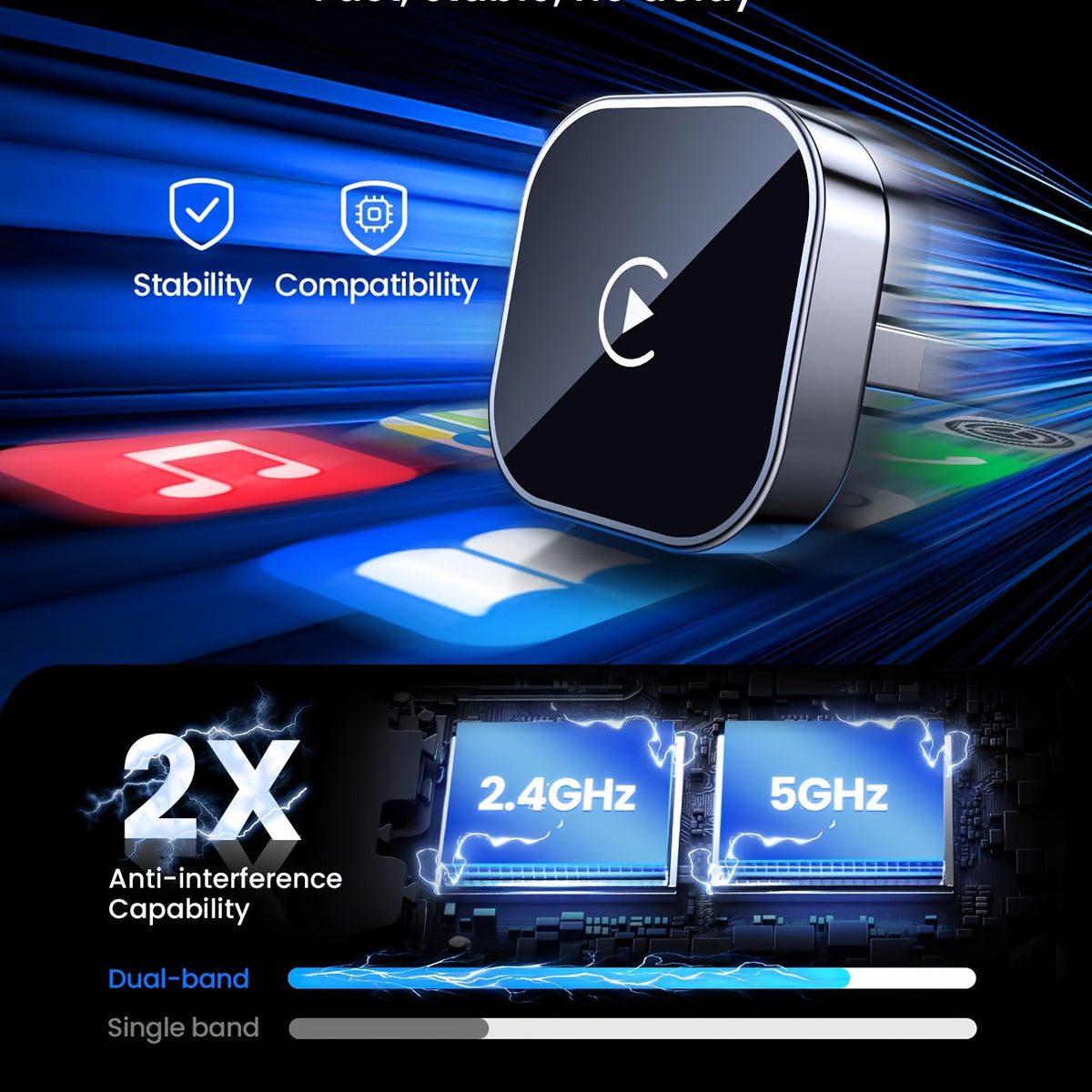 Adaptateur CarPlay sans fil, mini dongle version améliorée 2026 – 2-en-1 pour iPhone et Android Auto, conversion de filaire à sans fil, USB-A et USB-C, double bande à faible latence, connexion automatique, certifié FCC