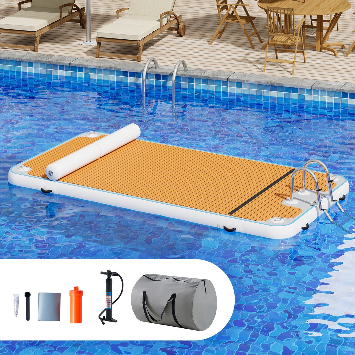 Plateforme flottante gonflable pour lac – Plateforme de baignade modulaire en PVC Drop Stitch de 3,6 m x 1,8 m avec anneaux en D, échelle de corde et pompe manuelle, tapis d'eau antidérapant pour adultes et enfants