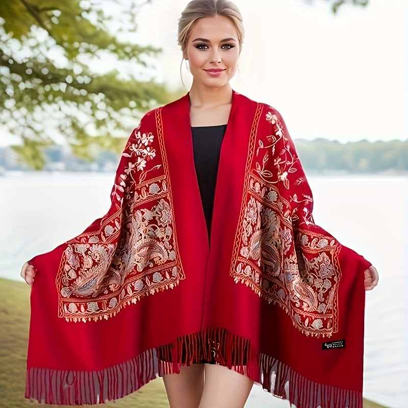 Châle en cachemire bohème pour femme – Broderie cachemire vintage avec pompons, étole légère et chaude pour le printemps et l'automne, 6 couleurs, lavable à la main, pour tenues décontractées et habillées