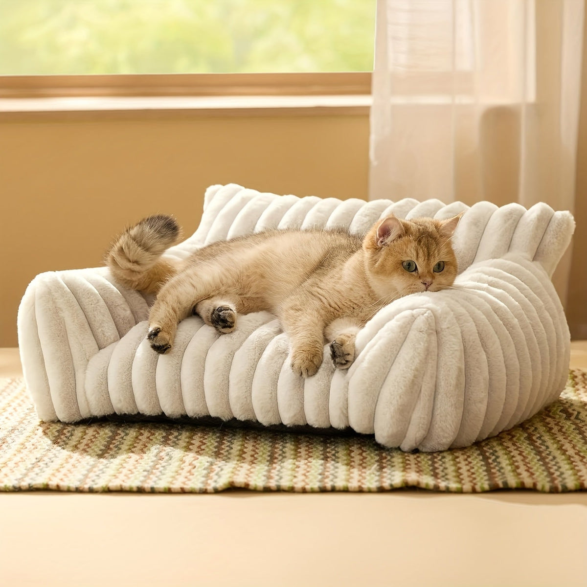 Canapé-lit pour chats d'intérieur - Panier apaisant et moelleux avec revêtement en velours côtelé de qualité supérieure, structure de soutien indéformable, canapé douillet pour chats et petits chiens