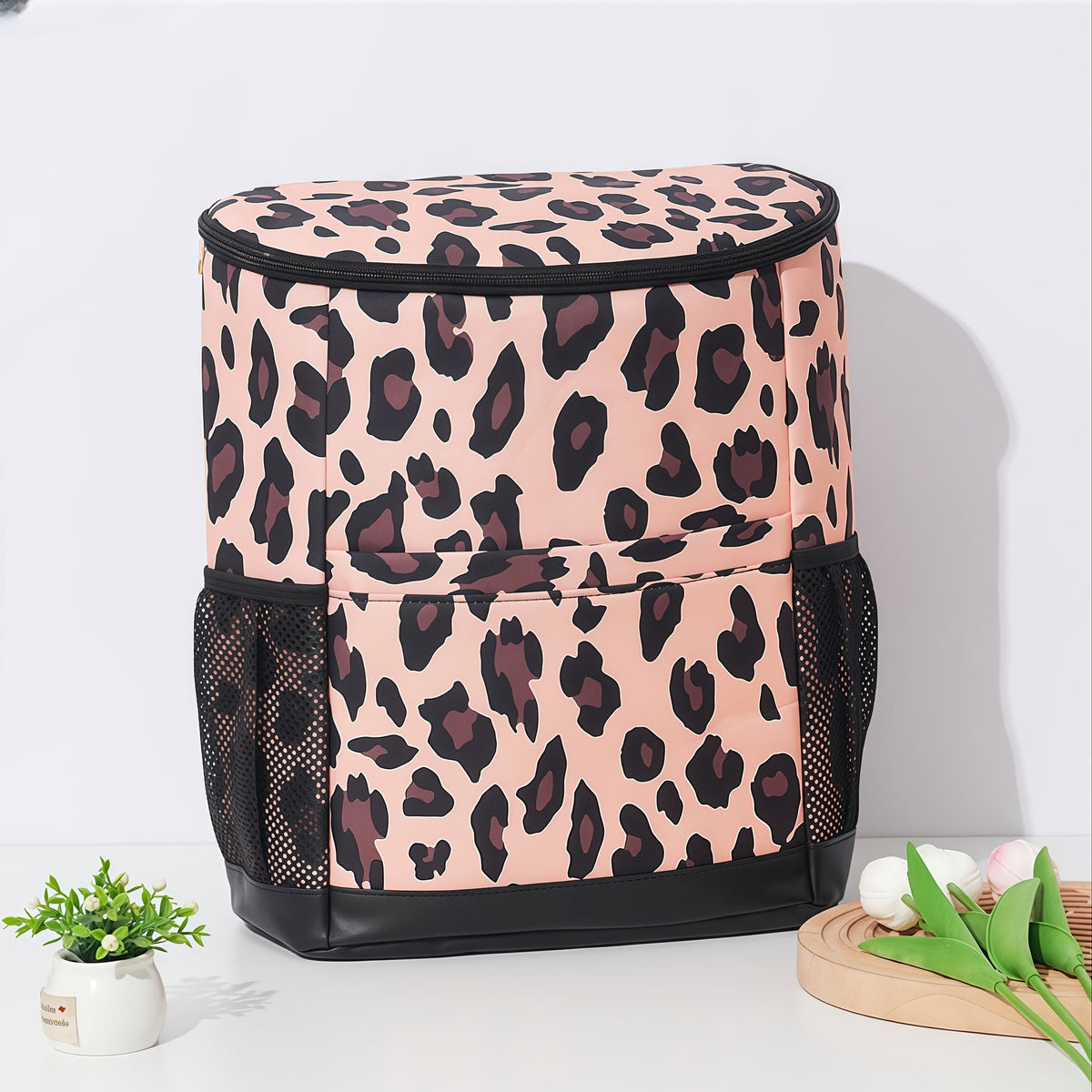 Sac à dos glacière isotherme 30 canettes motif léopard avec poches en filet et bretelles réglables - Sac glacière en nylon étanche pour la plage, le camping, le pique-nique, la randonnée, les voyages et l'usage quotidien