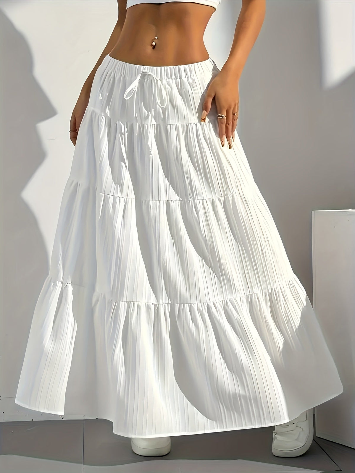 Jupe midi évasée à nouer au dos, couleur unie pour femme – Jupe trapèze ample et élégante, mode occidentale, style chic décontracté pour printemps, été et automne