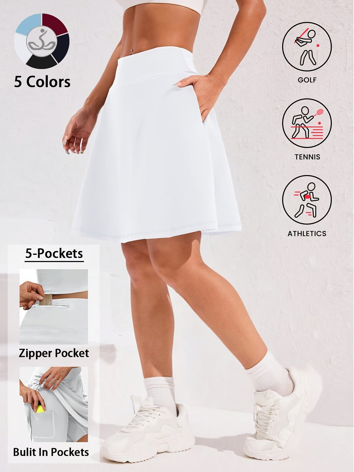 Jupe-short pour femme, longueur genou, 50 cm, avec 5 poches – Jupe de sport taille haute avec short intégré pour le tennis, le golf et le pickleball, jupe-short longue de sport, tailles S-XXL, coloris variés