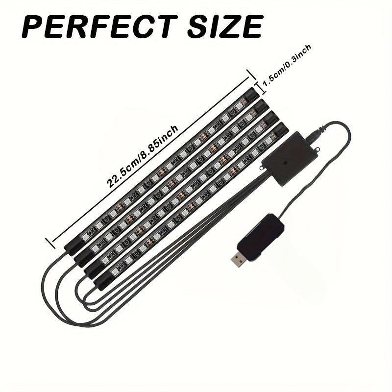 Kit d'éclairage intérieur LED RGB pour voiture, 4 bandes lumineuses pour espace aux pieds, 16 couleurs, alimenté par USB avec télécommande, éclairage d'ambiance DIY pour tous véhicules, voitures, camions et SUV