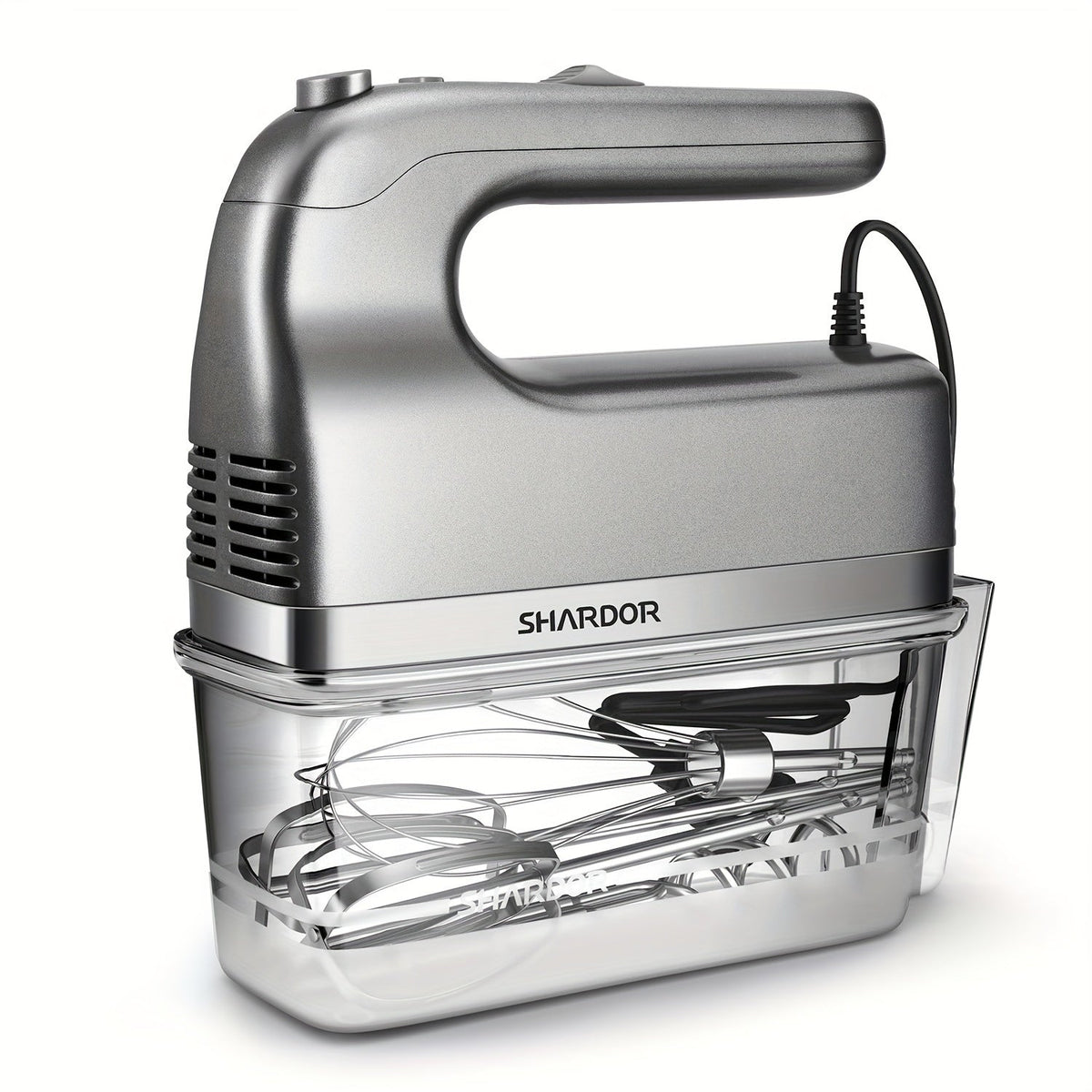 Batteur à main électrique 5 vitesses avec fonction turbo, coffret de rangement et 5 accessoires en acier inoxydable - 2 fouets, 2 crochets pétrisseurs, 1 fouet ballon, batteur à main de cuisine pour la pâtisserie, argenté