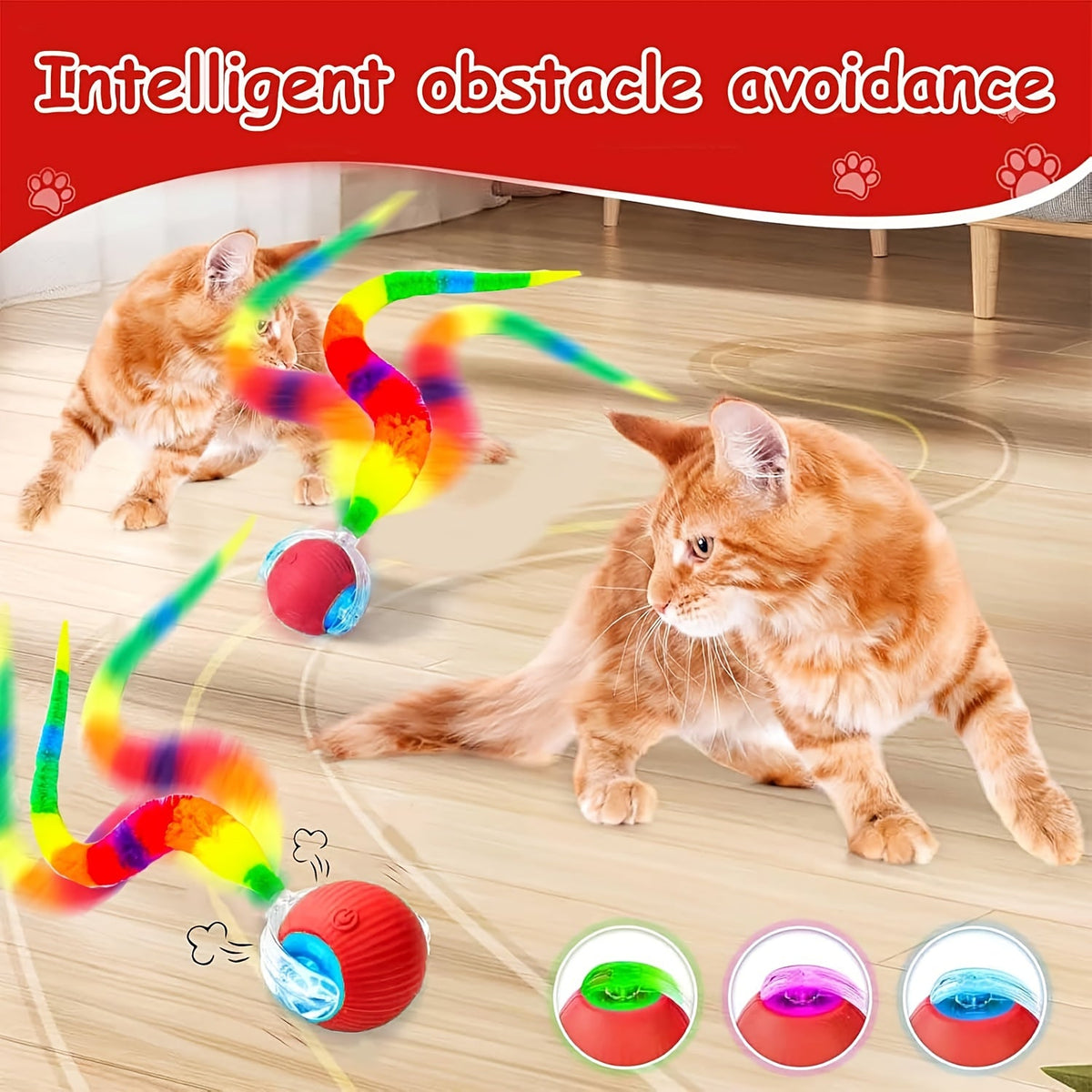 Jouet balle roulante automatique pour chat, rechargeable par USB, lumineux, intelligent et auto-divertissant, en plastique résistant aux morsures avec queue en forme de chenille pour chats et chatons d'intérieur, version améliorée de deuxième génération