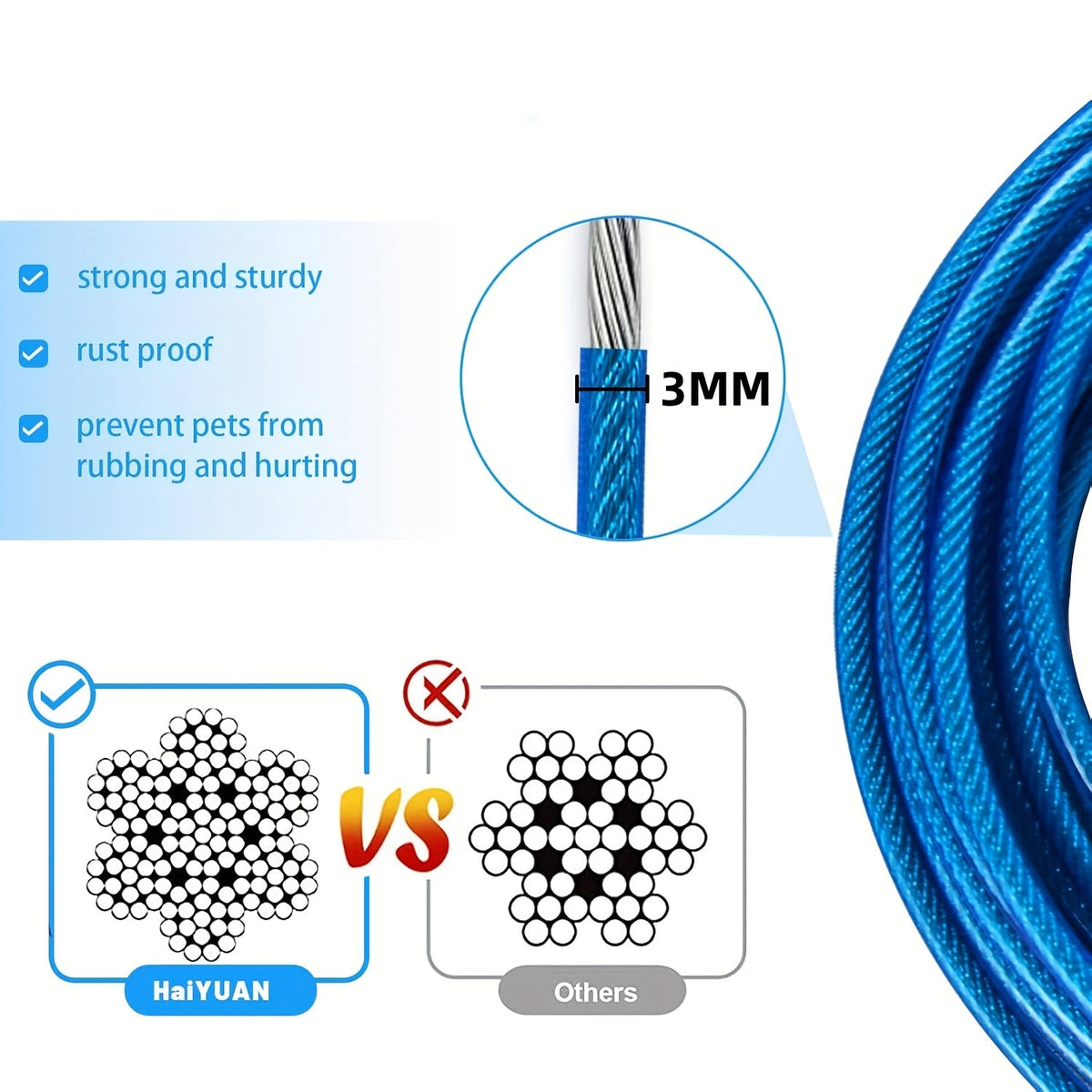 Câble d'attache pour chien pour jardin – Laisse en fil d'acier robuste pour extérieur de 3/4,5/6/9 mètres avec clips durables, pour grands chiens jusqu'à 75 kg, bleu