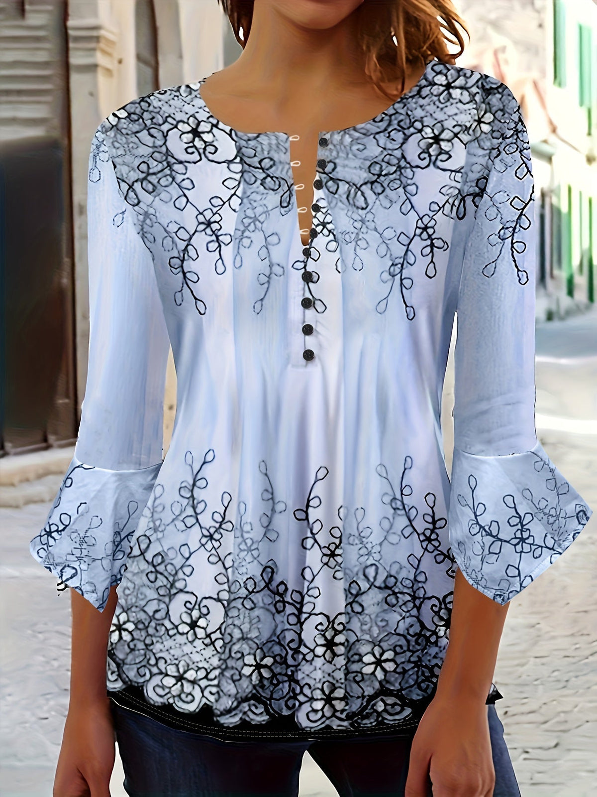 Chemisier boutonné à motif floral pour femme, haut tunique décontracté à manches évasées et volants, tissu en maille extensible doux, printemps, été, automne, S-XXL, lavable en machine
