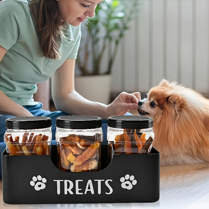 Ensemble de 3 boîtes hermétiques pour friandises pour animaux – Bocaux en plastique noir style rustique pour le stockage de nourriture pour chiens et chats, organisateur de comptoir durable, sans électricité requise
