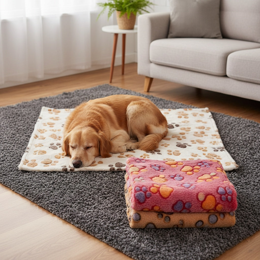 Lot de 3 couvertures en polaire pour chiens, chats et chiots – Plaid en flanelle super doux, duveteux et résistant, motifs pattes marron, rose et blanc, lavable en machine, serviette de séchage pour animaux incluse