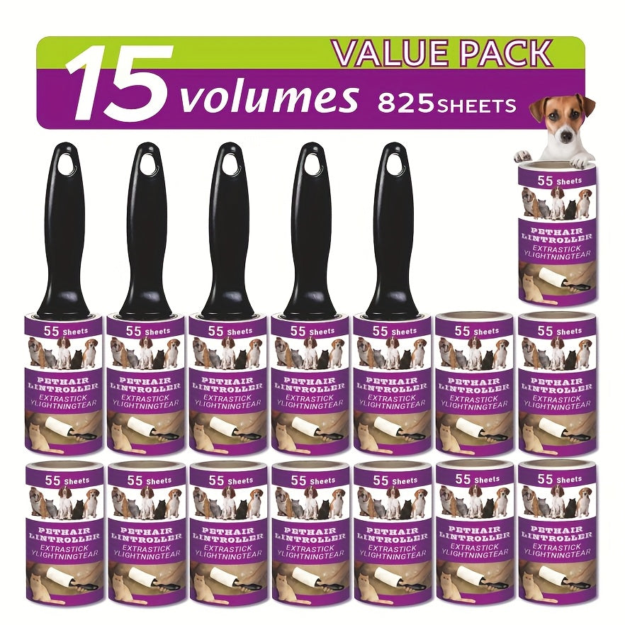 Rouleau adhésif anti-poils d'animaux avec recharges - Rouleau collant ultra-adhésif pour poils de chien et de chat sur les meubles, tapis et vêtements - Kit de rouleau anti-peluches portable (4, 6, 10 ou 15 pièces)