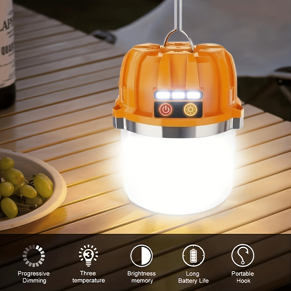 Lanterne de camping LED rechargeable par USB avec batterie externe intégrée, lampe de tente portable ultra-lumineuse pour camping, barbecue, terrasse, extérieur et urgences, recharge les téléphones portables, design autoportant et suspendu