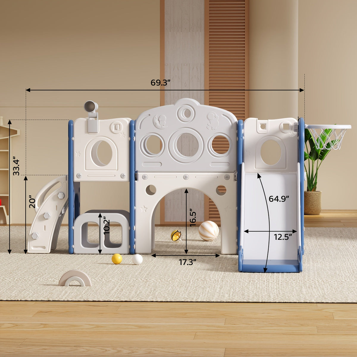 Toboggan pour enfants, aire de jeux intérieure et extérieure avec panier de basket et télescope, équipement de terrain de jeu pour jardin, cadeau d'anniversaire pour filles et garçons, gris, blanc, orange et vert