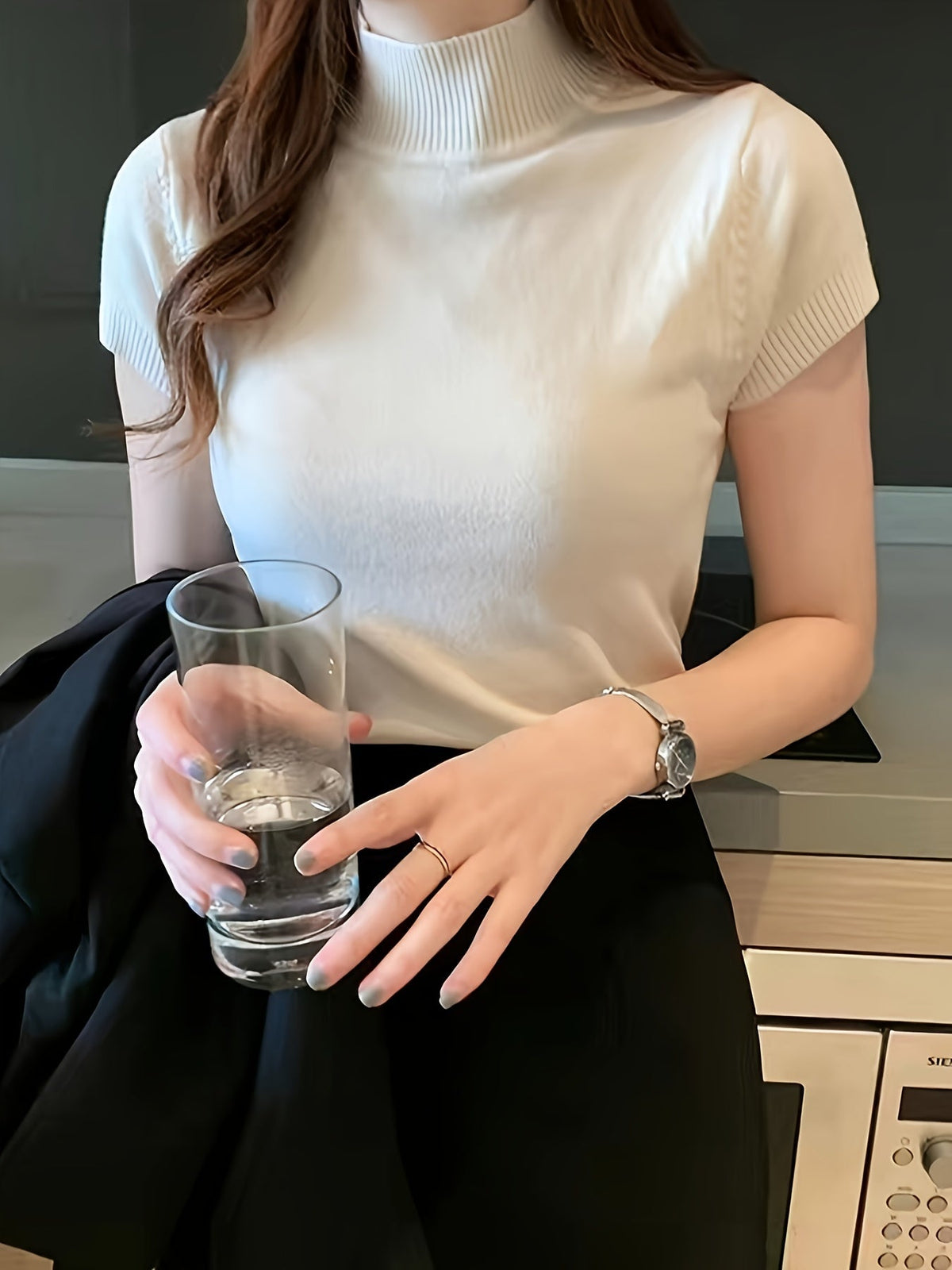 Pull à manches courtes et col montant en fibre glacée pour femme | Haut en maille fine rafraîchissant et léger, tenue décontractée et polyvalente pour l'été