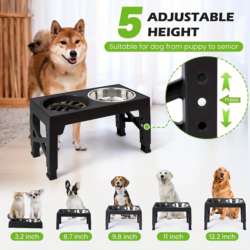Support de gamelle réglable en hauteur avec gamelle anti-glouton et bol en acier inoxydable – Station de nourriture pliable à 5 niveaux pour chiens et chats de taille moyenne à grande, noir et rose