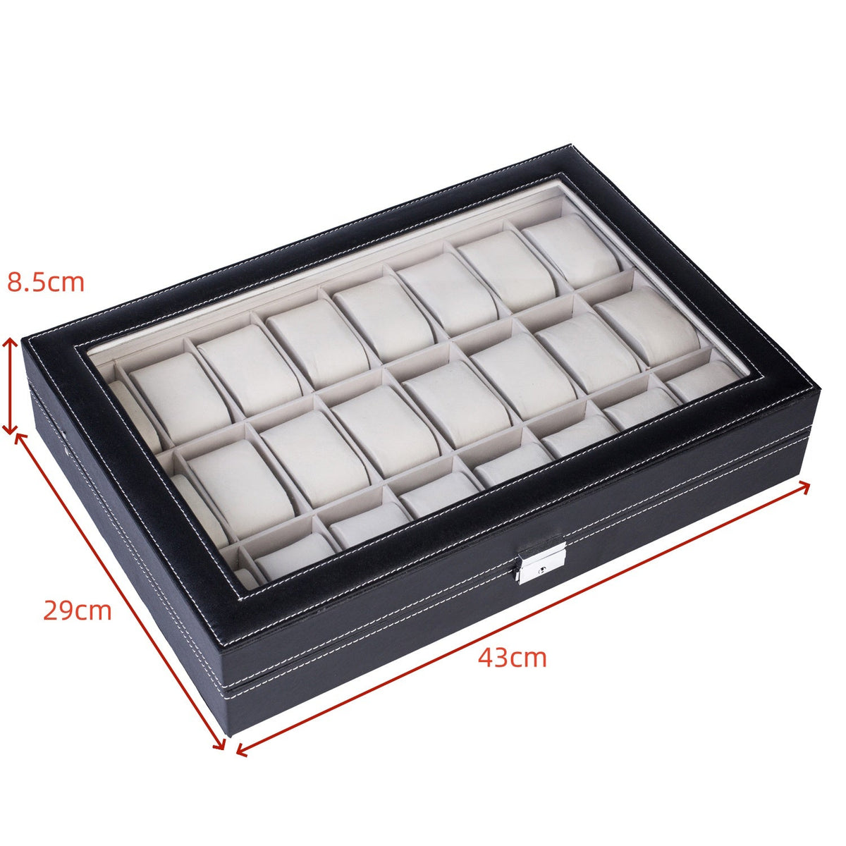 Boîte de rangement pour 24 montres en cuir – Présentoir grande capacité avec couvercle à ouverture par le haut, coffret verrouillable pour hommes et femmes, élégant écrin de collection en cuir PU noir