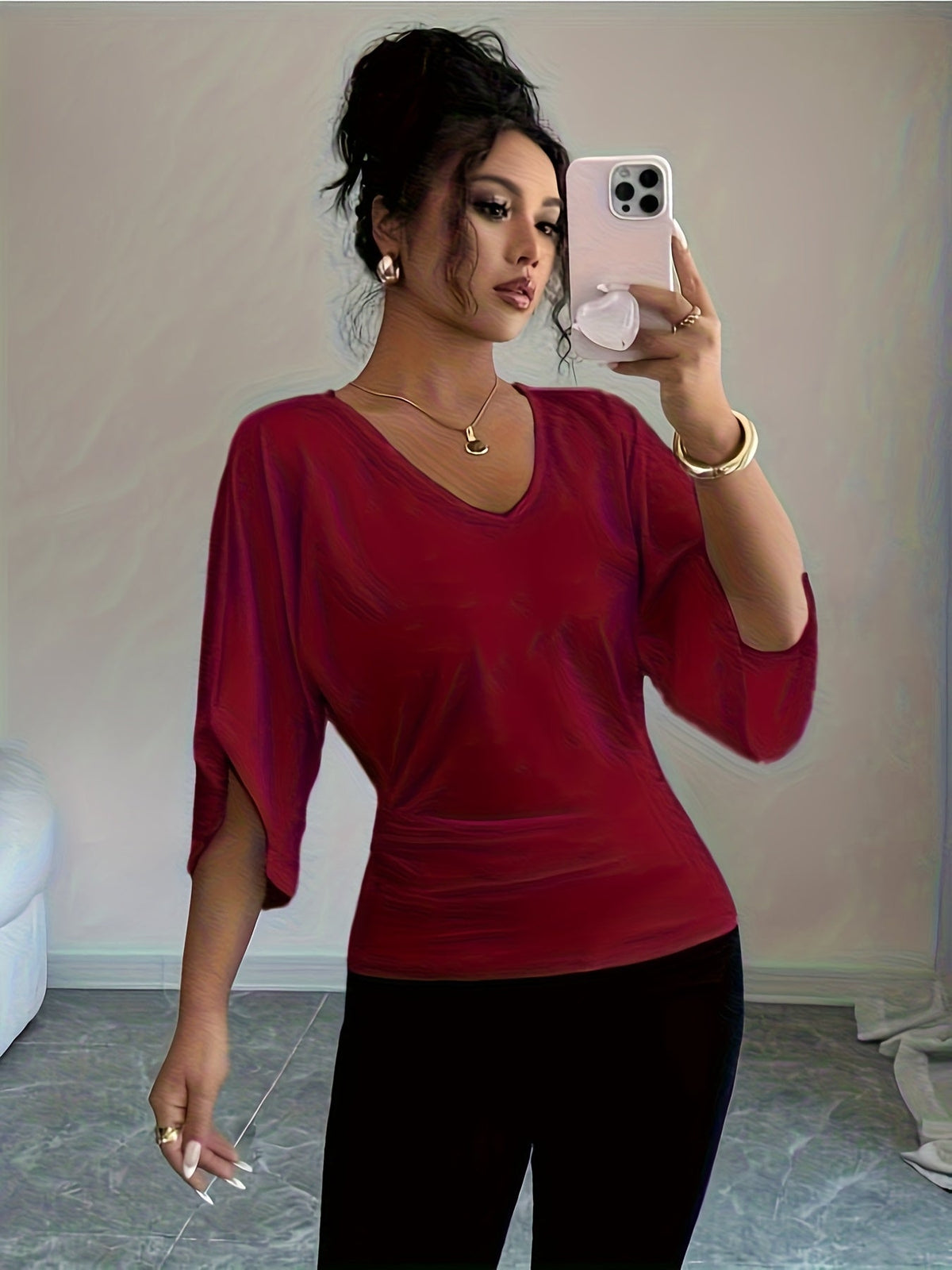 Haut en maille à col en V et manches chauve-souris pour femme - T-shirt chemisier décontracté à coupe ample, manches trois-quarts et taille haute pour le printemps, l'été et l'automne, pull mi-long polyvalent, blanc noir, tailles XS-XL