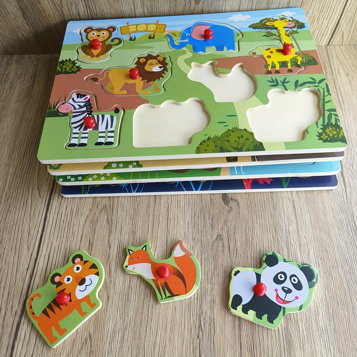 Lot de 4 puzzles à boutons en bois pour tout-petits, 32 pièces, puzzles sur le thème des animaux de la ferme et du zoo, jouet éducatif Montessori pour enfants de 1, 2, 3 ans, cadeau d'anniversaire, de Noël ou de Pâques pour filles et garçons