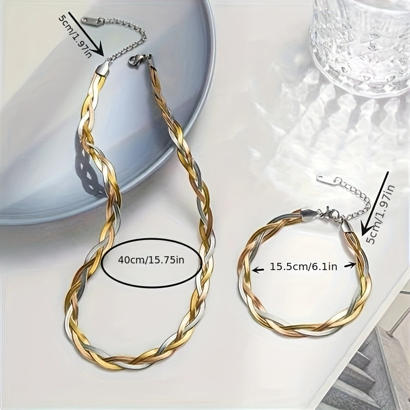 Parure 2 pièces collier et bracelet en acier inoxydable doré pour femme – Design tressé tricolore plaqué or, style rétro minimaliste français pour le quotidien, le travail, les vacances et les soirées