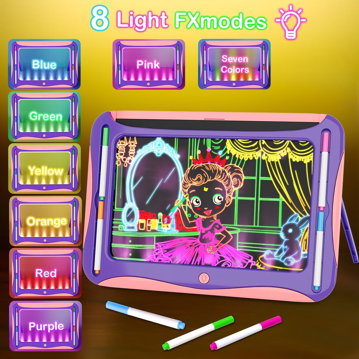 Tablette à dessin lumineuse LED pour enfants de 3 à 8 ans – Kit d’art phosphorescent avec 9 cartes recto-verso et 6 marqueurs, jouet éducatif de voyage, cadeau d'anniversaire et de Noël pour filles et garçons
