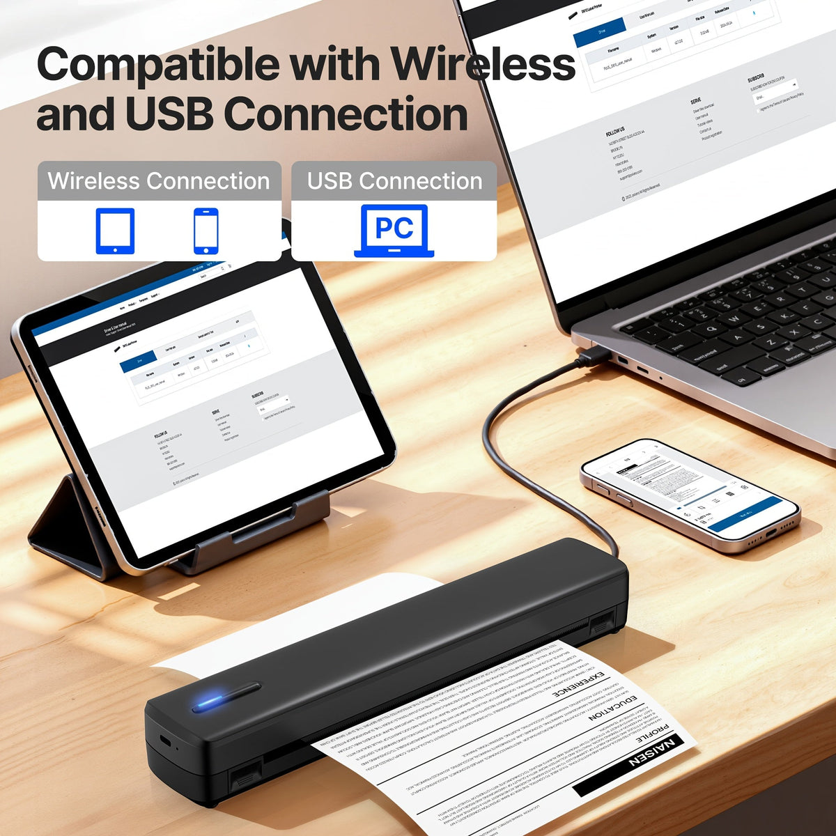 Imprimante thermique portable sans encre sans fil – D810B A4 & US Letter 8,5x11, 200 feuilles par charge, compatible iPhone, Android & ordinateur portable, pour bureau à domicile, école & voyage, inclut 20 feuilles