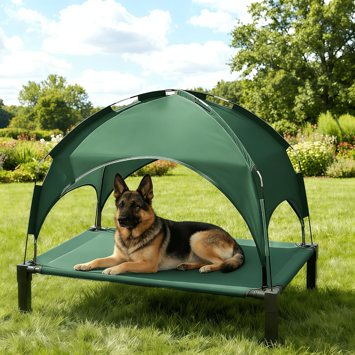 Elevated Dog Bed with Removable Canopy Shade Tent β Portable Raised Outdoor Cooling Pet Cot for Dogs & Cats, Breathable Mesh, Lightweight Foldable Design for Camping, Yard & Patio