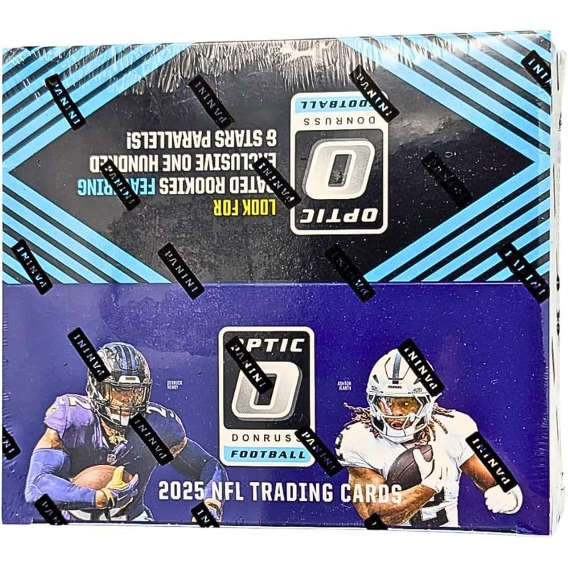 Boîte de vente au détail NFL 2025 Panini Donruss Optic Football – 80 cartes à collectionner, 20 paquets, 6 toploaders et un aimant StreetCards – À la recherche des Rated Rookies, Downtown, autographes et parallèles ultra-rares