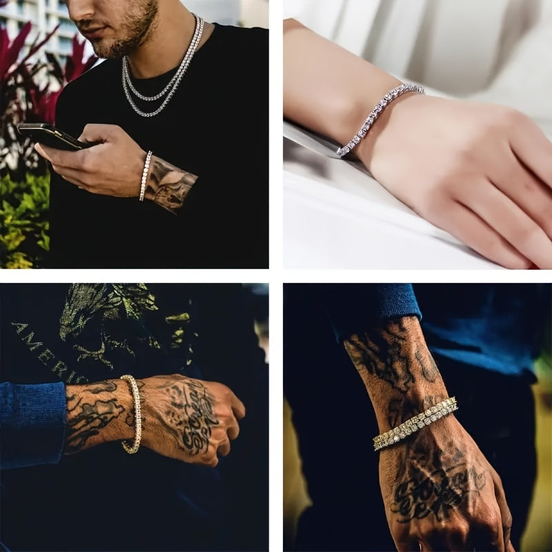 Bracelet tennis en argent sterling 925 et moissanite pour femmes et hommes – Bracelet hip-hop de luxe style zircon cubique, tailles 15 à 23 cm, cadeau d'anniversaire ou de mariage