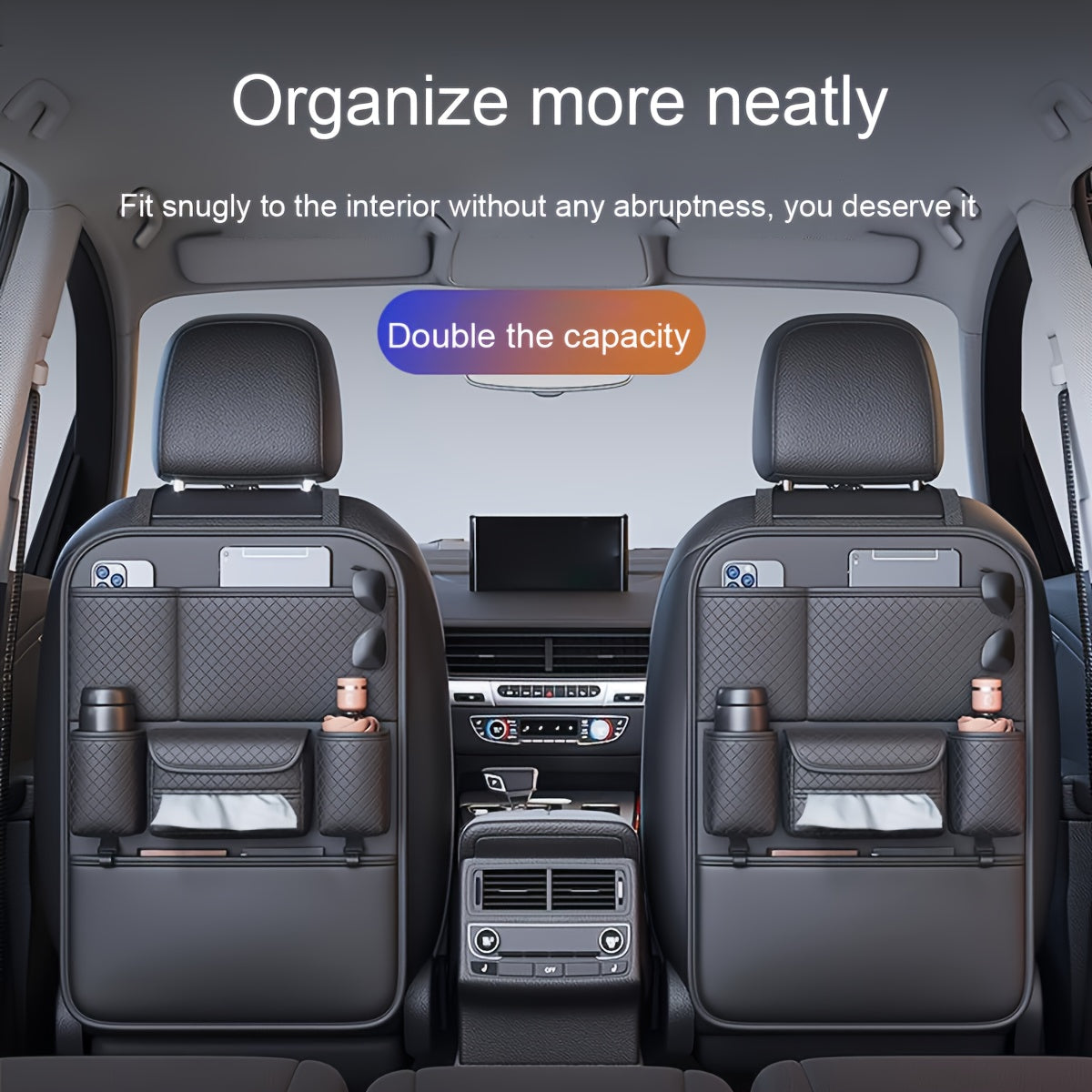 Organisateur de dossier de siège auto en cuir PU, grand sac de rangement multi-poches pour bouteilles d'eau, tablettes et ordinateurs portables – Organisateur d'intérieur de voiture élégant, noir classique, pour voitures, SUV et camions