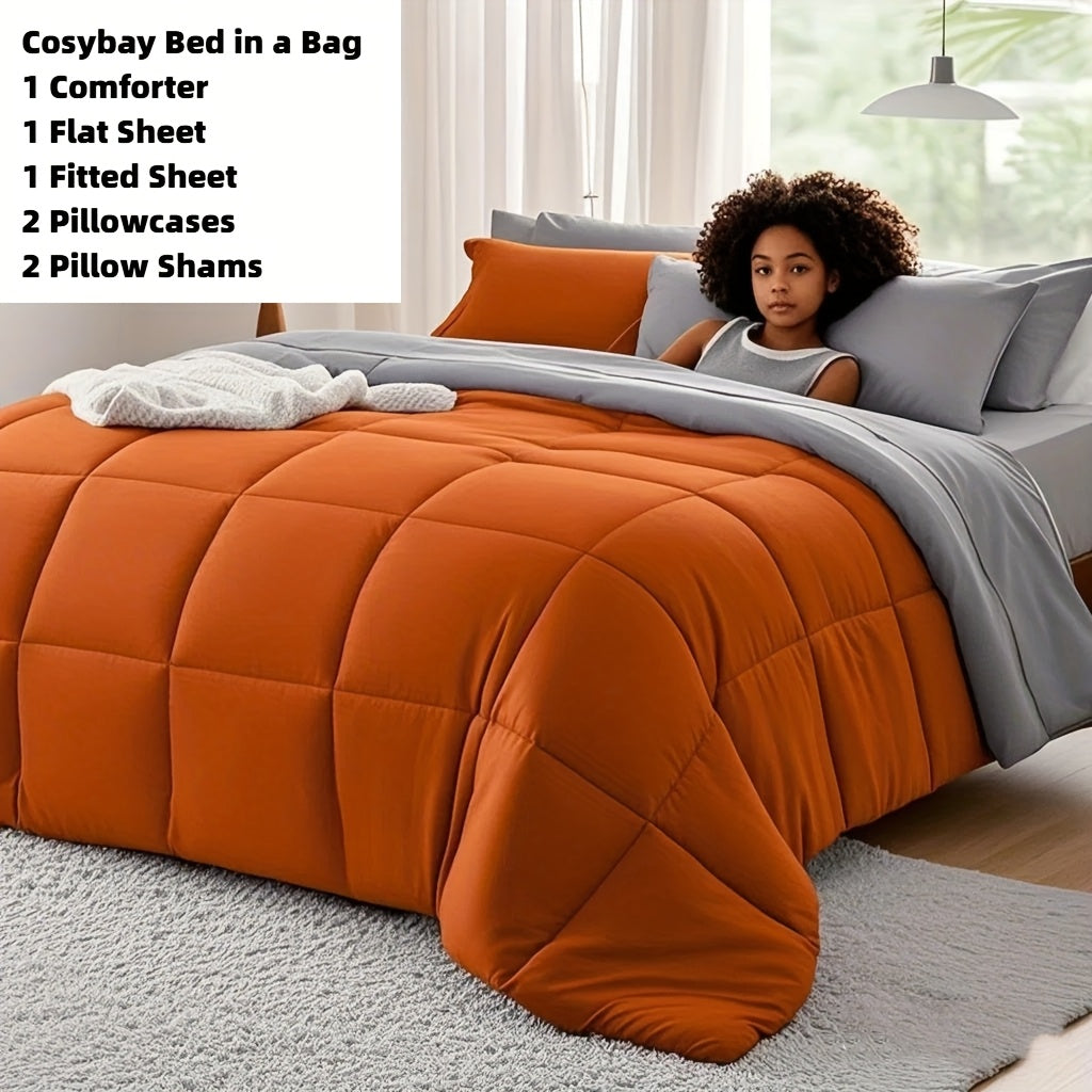 Ensemble de literie 7 pièces pour lit Queen/King – Parure de lit en microfibre douce à plis pincés, comprenant une couette, un drap-housse, un drap plat et 4 taies d'oreiller, ensemble de literie toutes saisons pour la maison et le dortoir