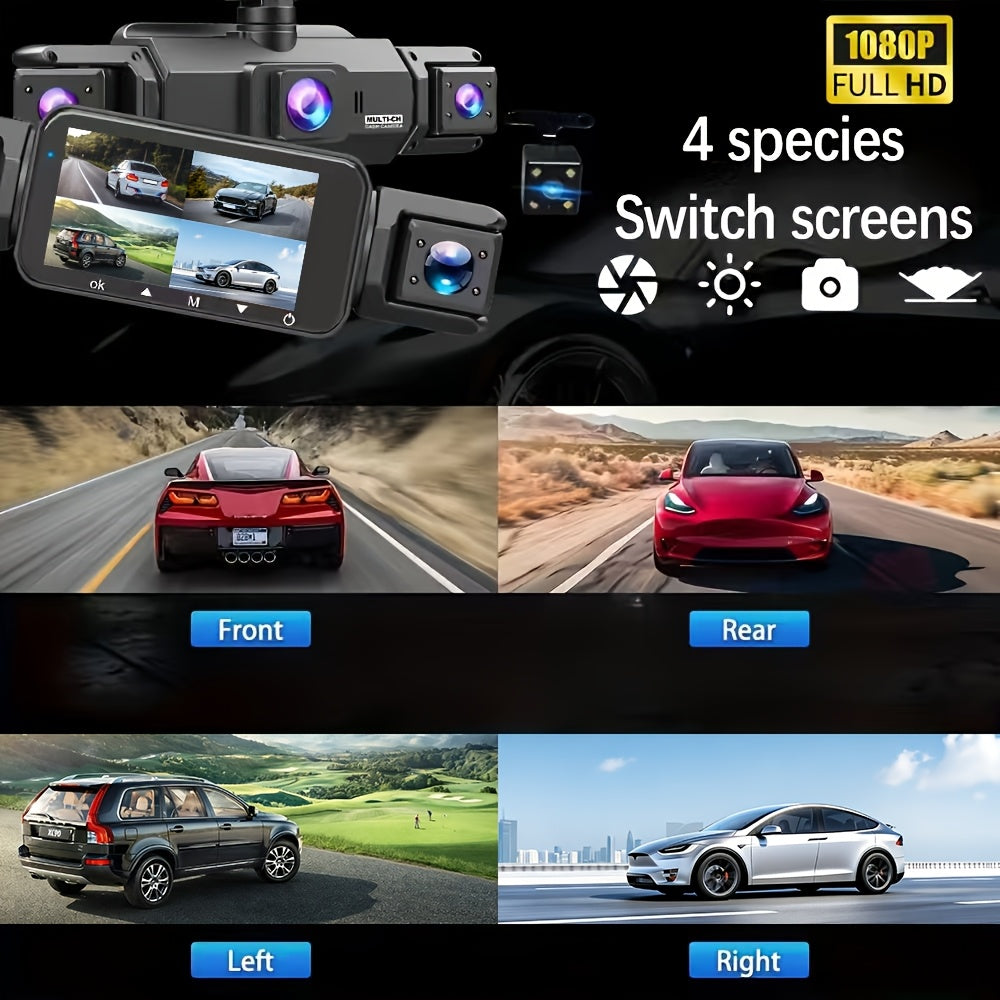 Dashcam 360° 3/4 canaux 1080P HD avec vision nocturne, WDR, capteur G, enregistrement en boucle, surveillance de stationnement 24h/24 et 7j/7, WiFi, système de caméra embarquée multi-objectifs pour une couverture complète sans angles morts