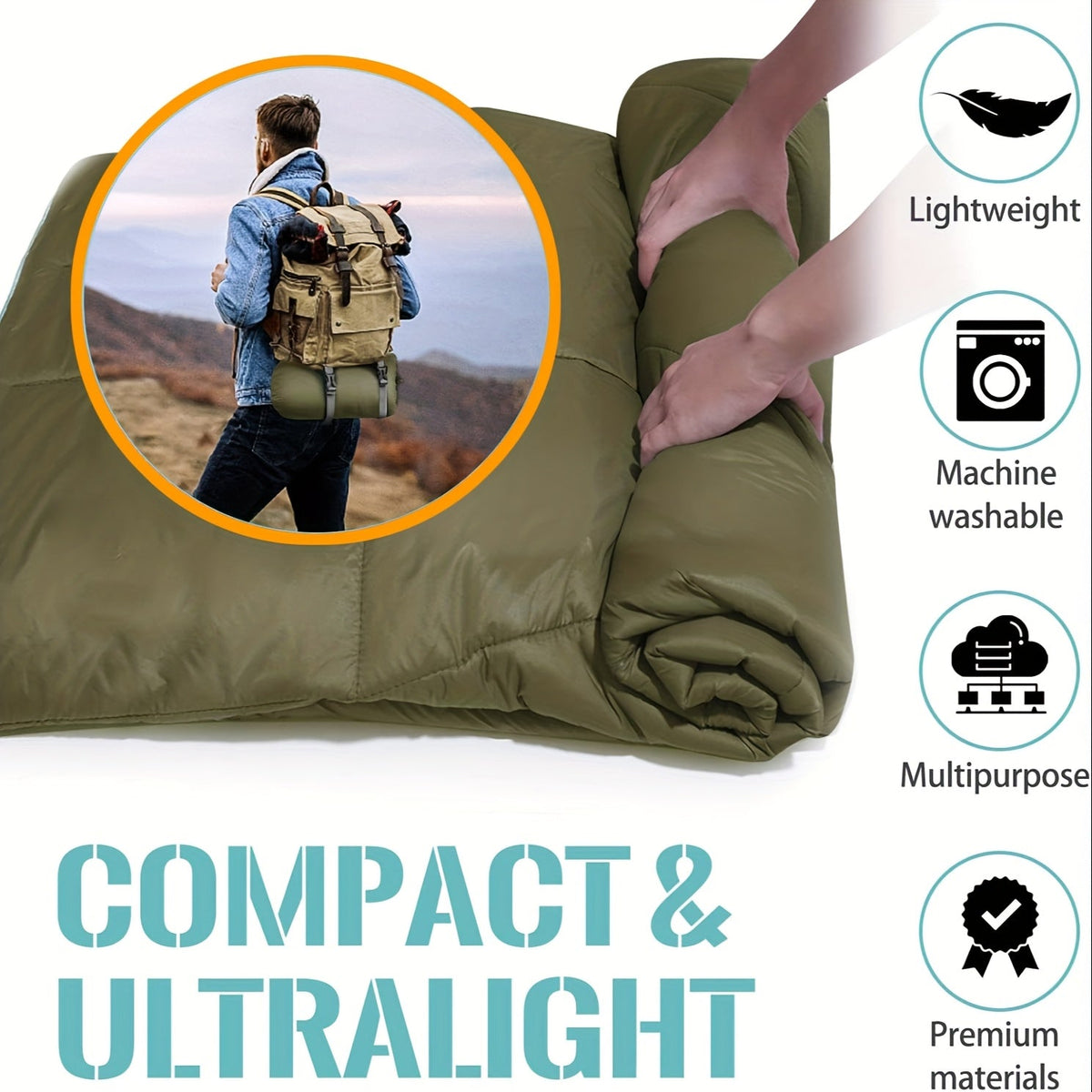 Couverture matelassée de camping, pliable, légère et chaude avec traitement déperlant DWR, incluant un masque de nuit 3D, 140x200 cm, pour camping, voyage, voiture, plage, stade, hamac, canapé et festival