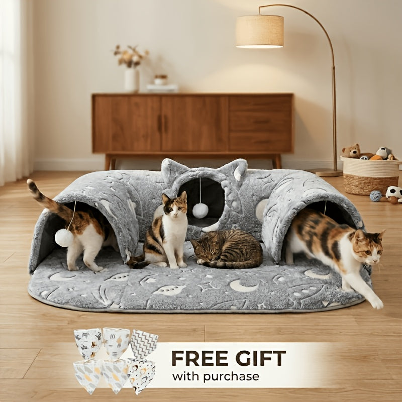Tunnel-lit pour chat avec mousse à mémoire de forme, balle suspendue et bavoir offert – Condo lounge en peluche détachable, nid pour animaux lavable en machine pour foyers multi-chats, chats de petite à moyenne taille – Velora