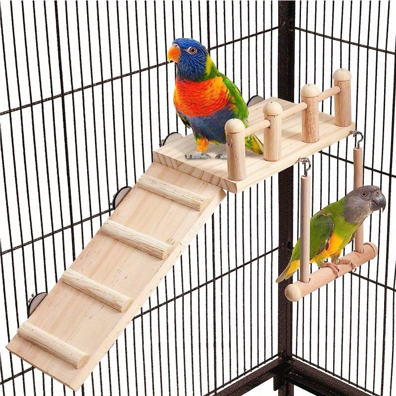 Balançoire perchoir en bois pour oiseaux avec échelle d'escalade - Plateforme de gym multi-niveaux en pin radiata pour perroquets, inséparables, calopsittes, chinchillas, hamsters - Support de jeu, échelle, balançoire et accessoire de cage pour oiseaux