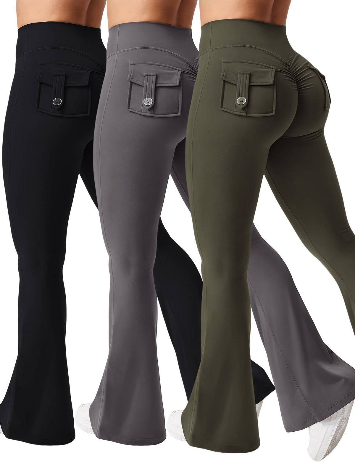 Ensemble 3 pièces pour femme : pantalon de yoga évasé à taille haute avec ceinture et poches, legging galbant effet push-up, squat-proof, 90 % polyester extensible, coupe évasée pour le sport, la gym, la course et le quotidien