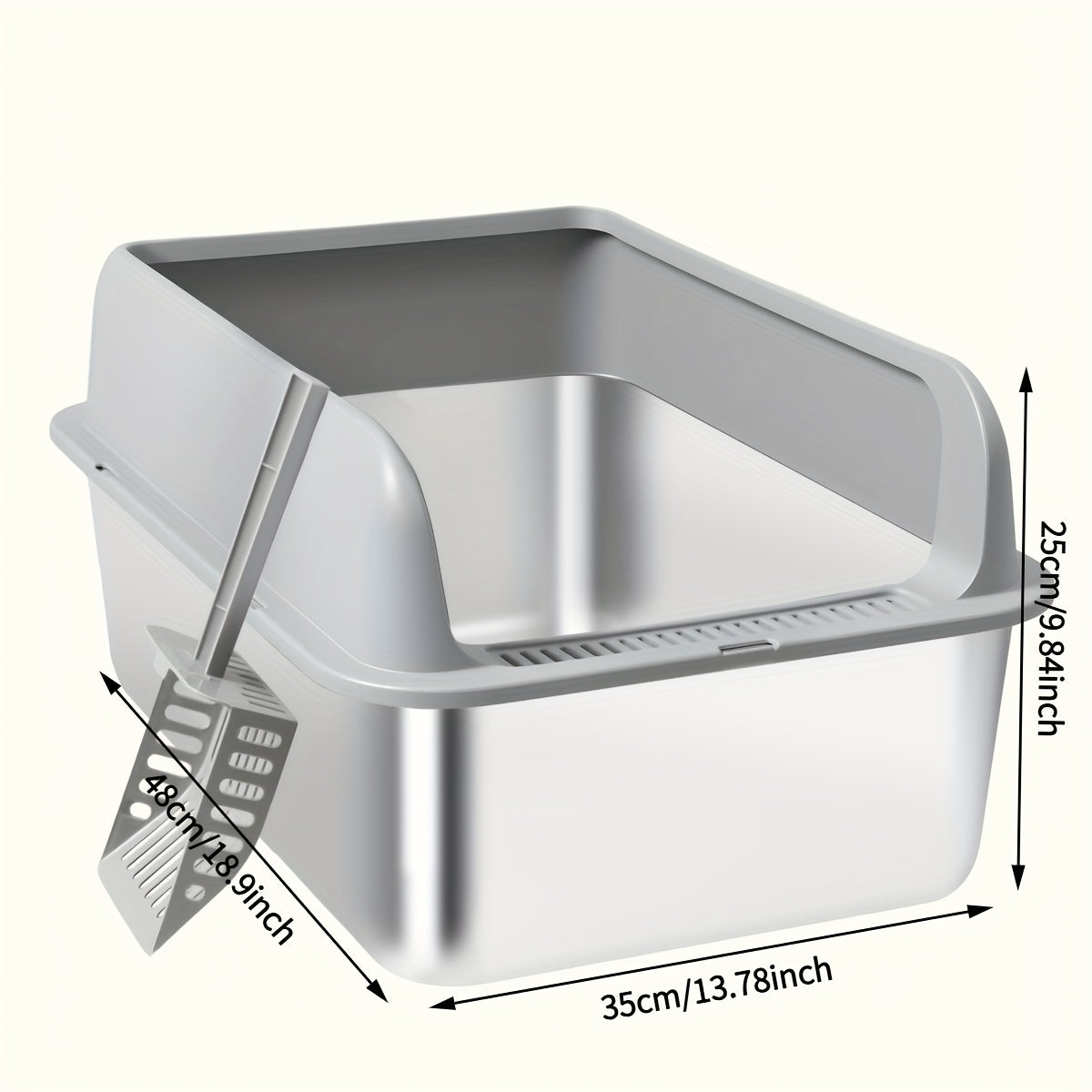 Bac à litière pour chat en acier inoxydable à bords hauts, bac anti-fuites avec pelle et plateau de tamisage, résistant à la rouille, anti-odeurs, anti-adhésif, facile à nettoyer, toilettes pour chats d'intérieur, taille moyenne à grande