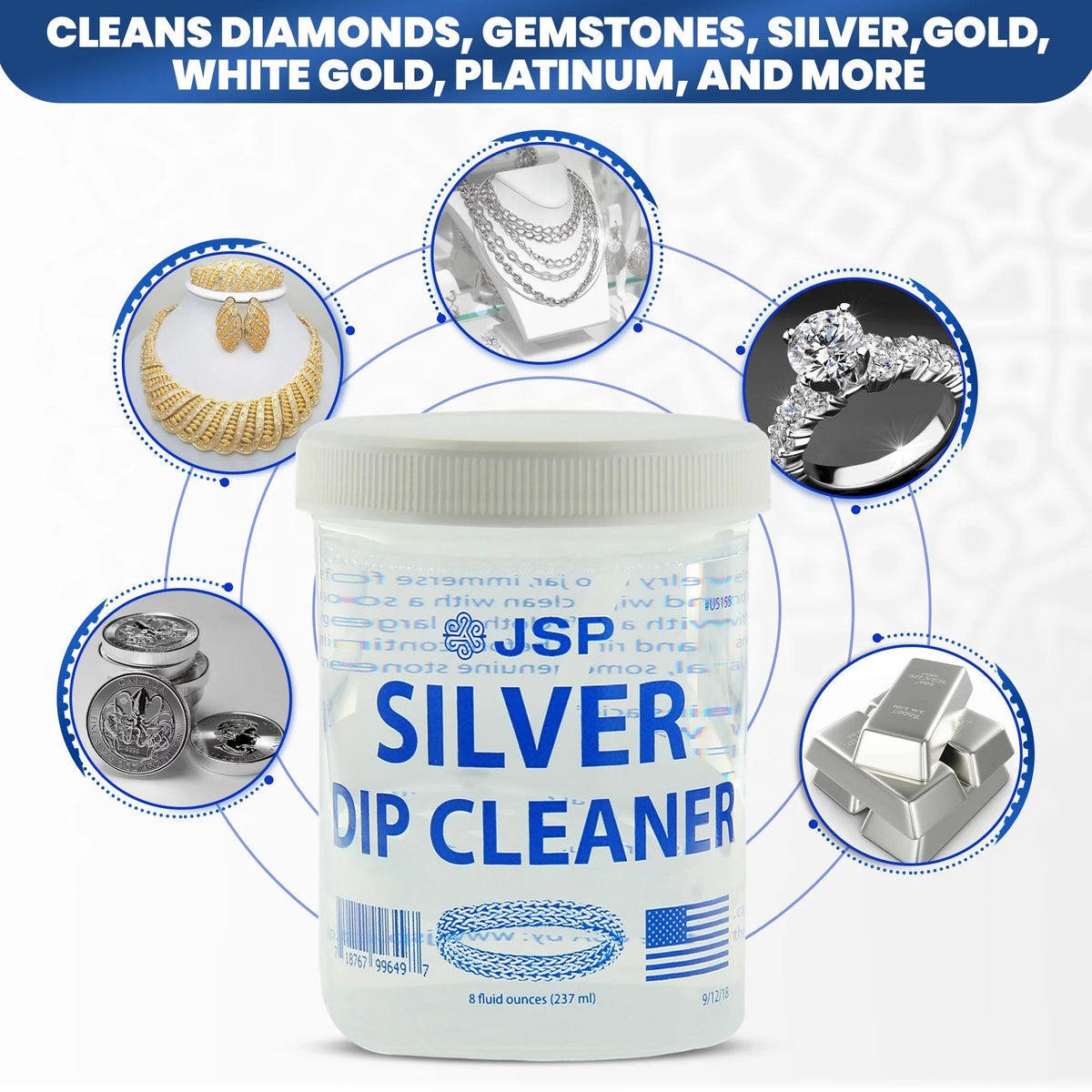 Nettoyant pour argent sterling et éliminateur de ternissure JSP, 236 ml (8 oz) – Solution de nettoyage pour bijoux en argent 925 et 999 avec panier d'immersion et chiffon en microfibre, redonne de l'éclat à l'argent, à l'or et aux métaux précieux