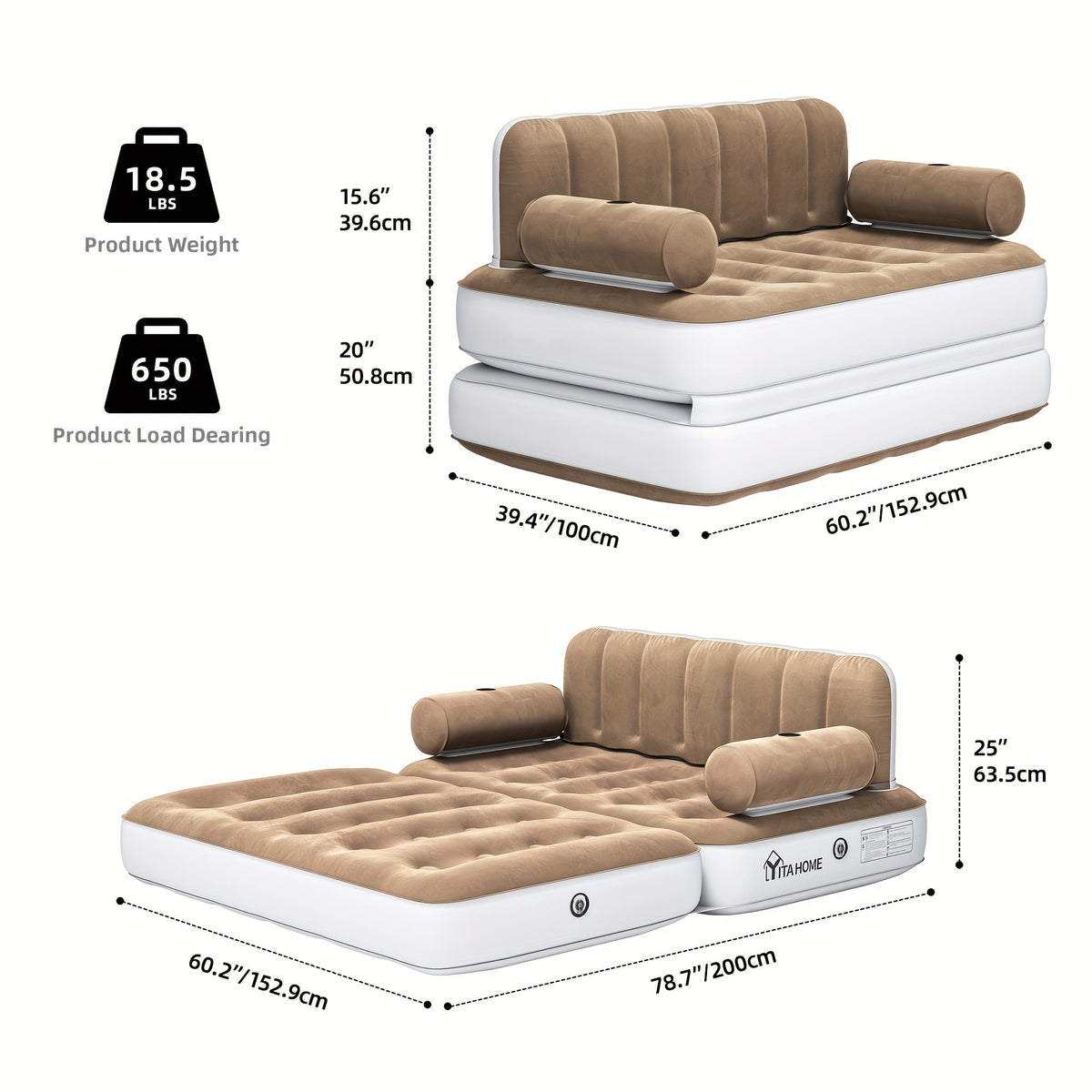 Canapé-lit gonflable 2-en-1 taille Queen – Canapé et matelas pneumatique portables avec tête de lit, porte-gobelets, pompe externe et sac de rangement, capacité de 200 kg pour la maison, le camping et les invités