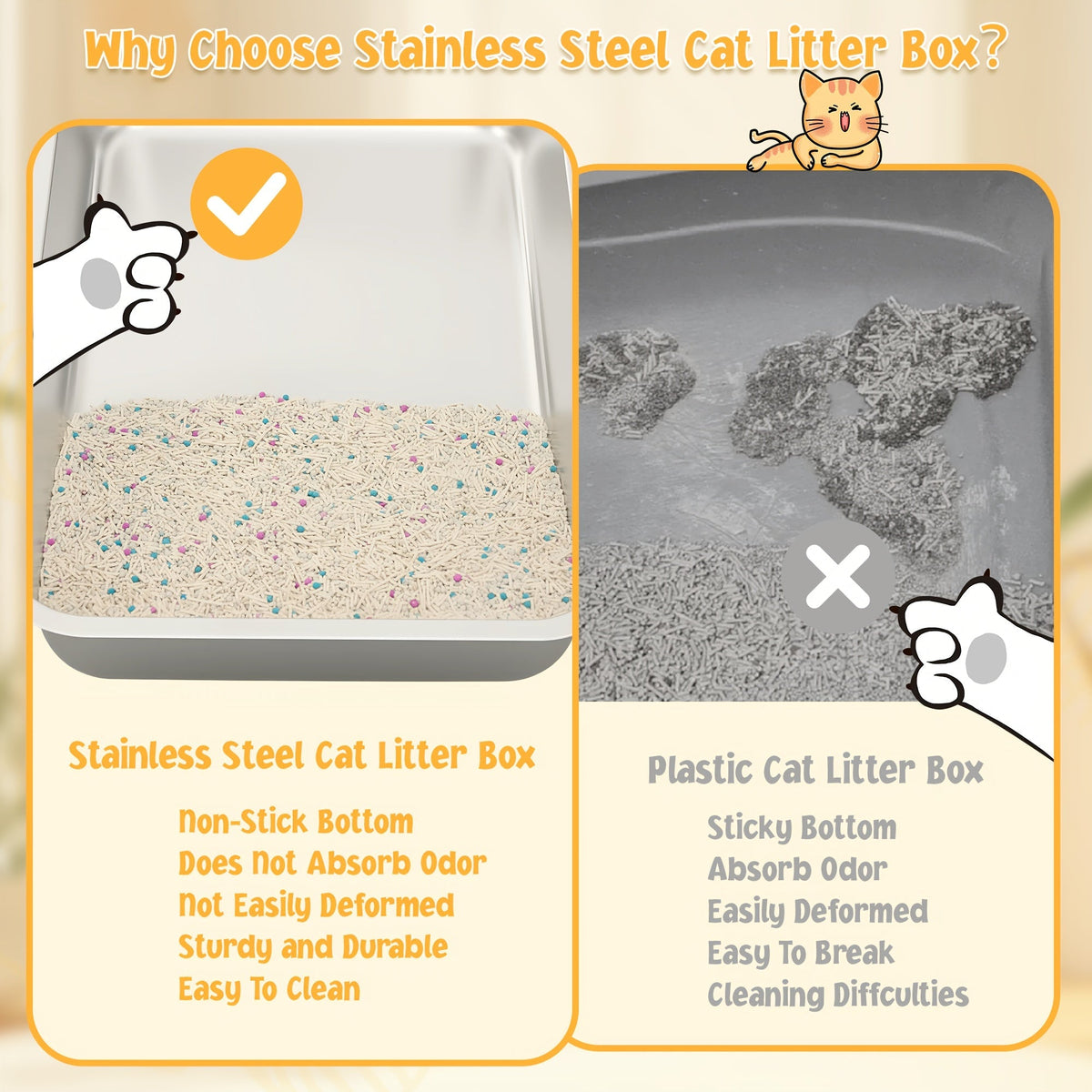 Bac à litière pour chat en acier inoxydable à bords hauts, bac anti-fuites avec pelle et plateau de tamisage, résistant à la rouille, anti-odeurs, anti-adhésif, facile à nettoyer, toilettes pour chats d'intérieur, taille moyenne à grande