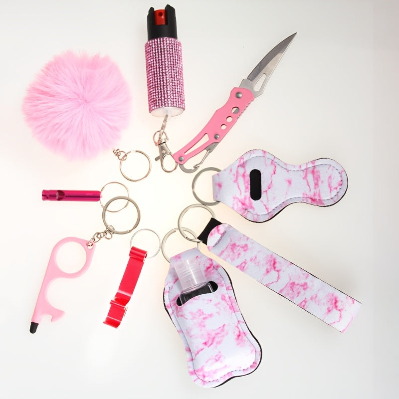 Kit de porte-clés de sécurité personnelle pour femmes avec sifflet, couteau de poche et spray, accessoires d'autodéfense compacts pour les sorties quotidiennes, cadeau d'anniversaire ou de fête, 6 couleurs