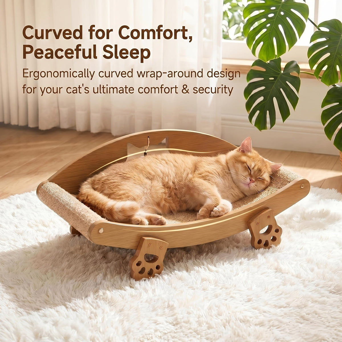 Chaise longue griffoir pour chat en sisal naturel avec jouet balle suspendue – Lit pour chat incurvé en bois massif, canapé anti-rayures pour chaton, protecteur de meubles pour chats d'intérieur