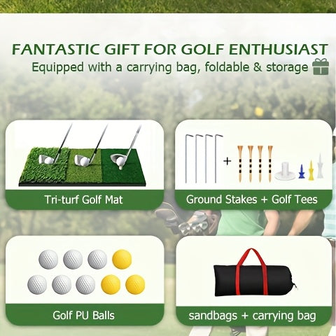 Filet de pratique de golf 10x7 pi avec tapis, balles, tees et sac de transport – Filet de frappe robuste pour jardin, sous-sol et usage intérieur/extérieur, équipement d'entraînement de golf, cadeau pour hommes et femmes