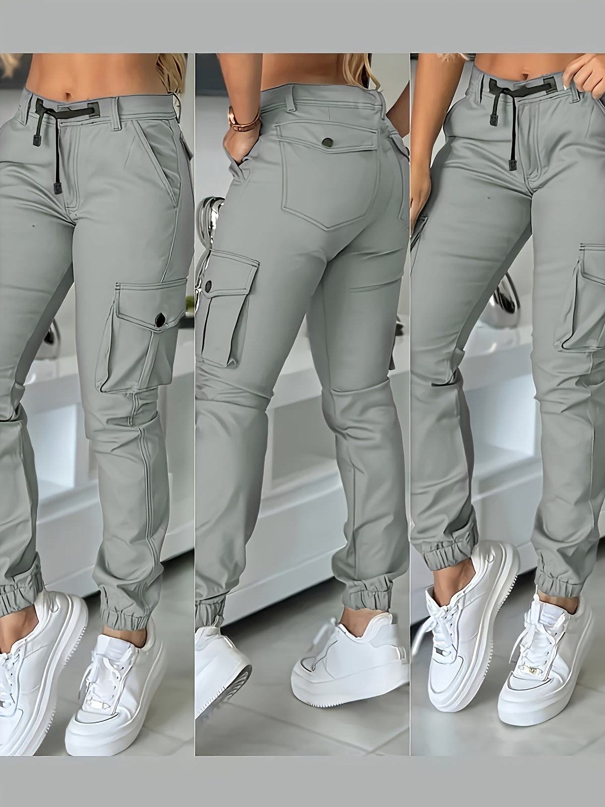 Pantalon cargo jogger taille haute pour femme, coupe ajustée, poches et cordon de serrage, pantalon décontracté cheville, printemps automne, noir kaki gris, XS-XL